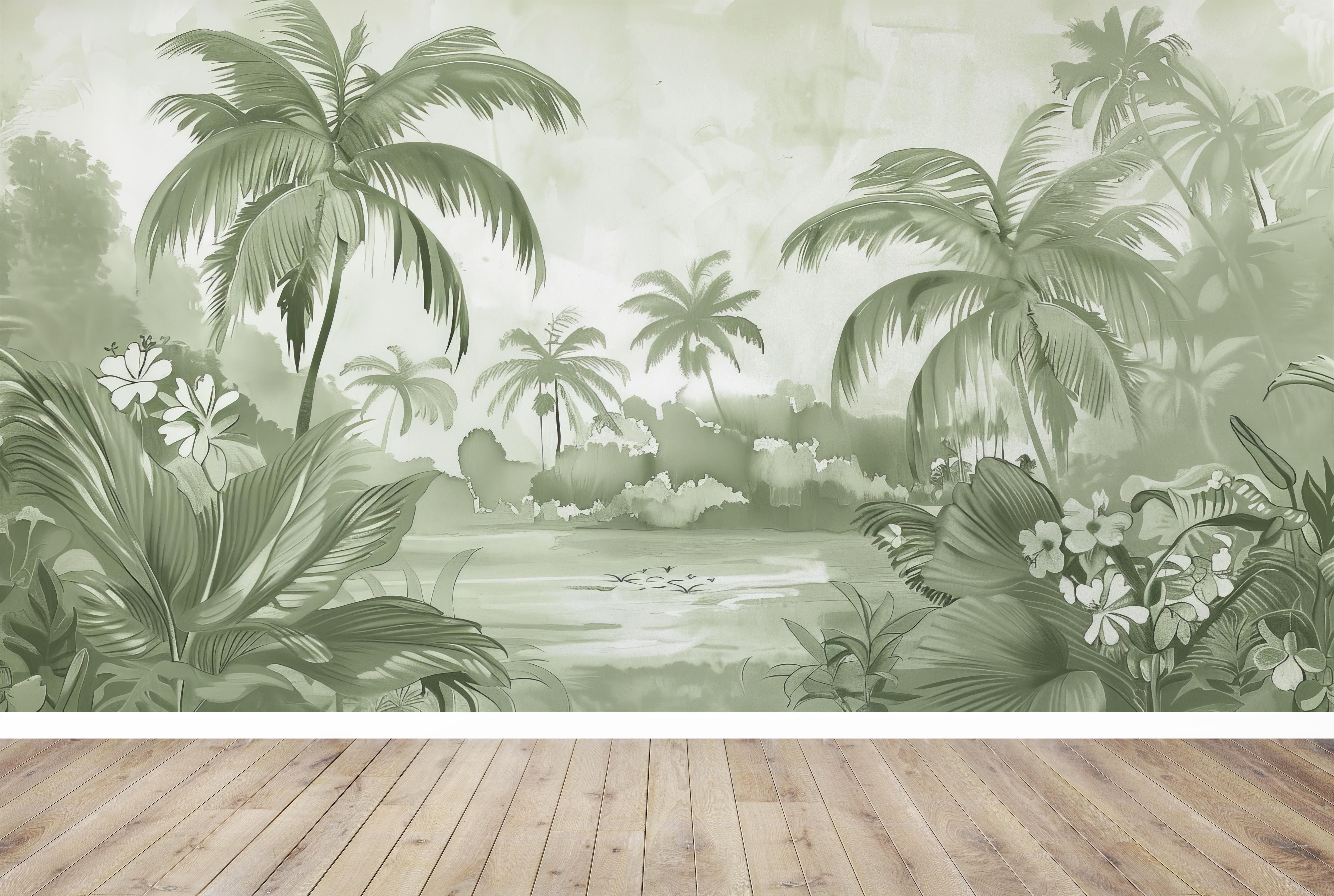 Rêve de Jungle – Panorama Mural en Vert Pastel