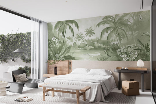 Rêve de Jungle – Panorama Mural en Vert Pastel