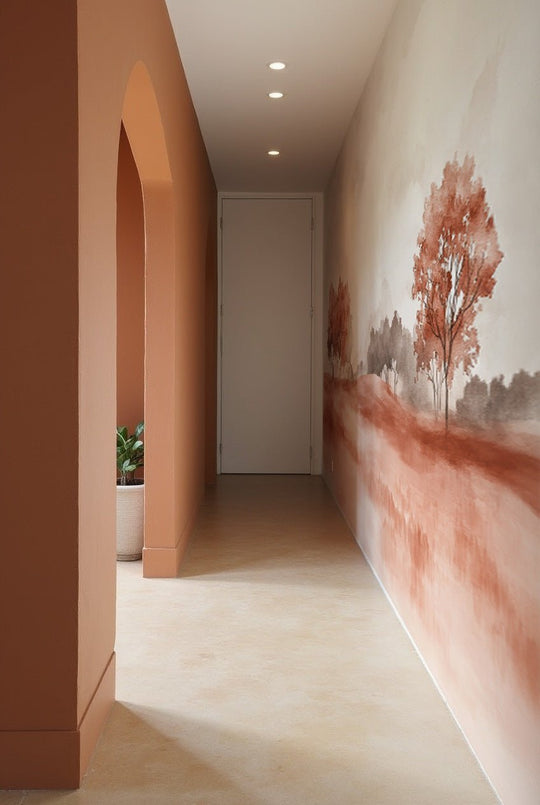 Rêverie en Terracotta : Papier Peint Panoramique Champêtre en Aquarelle - Illulart: Papier peint panoramique