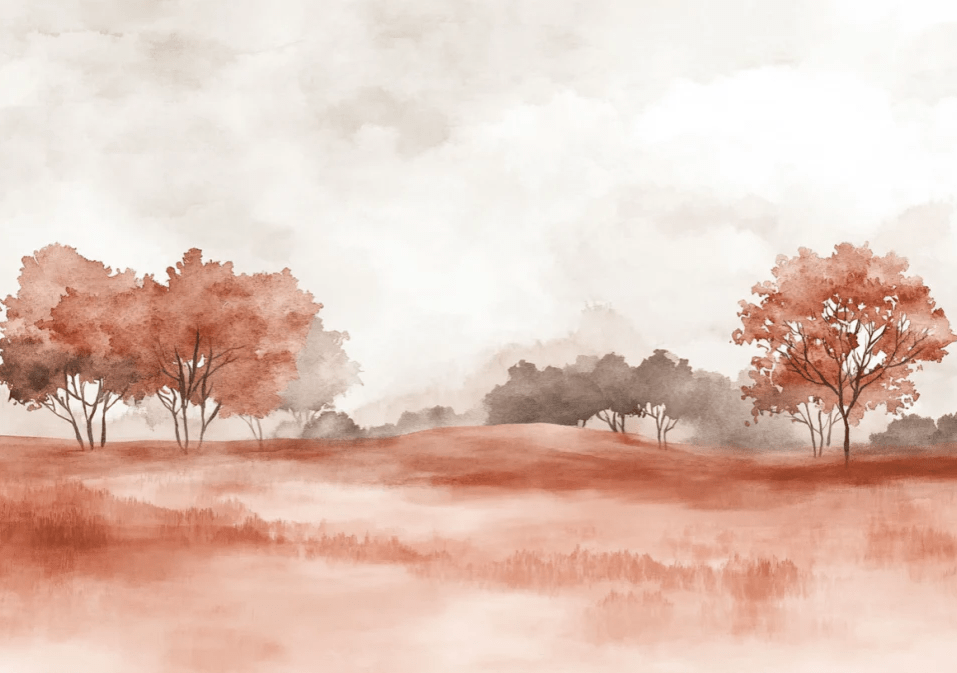 Rêverie en Terracotta : Papier Peint Panoramique Champêtre en Aquarelle - Illulart: Papier peint panoramique