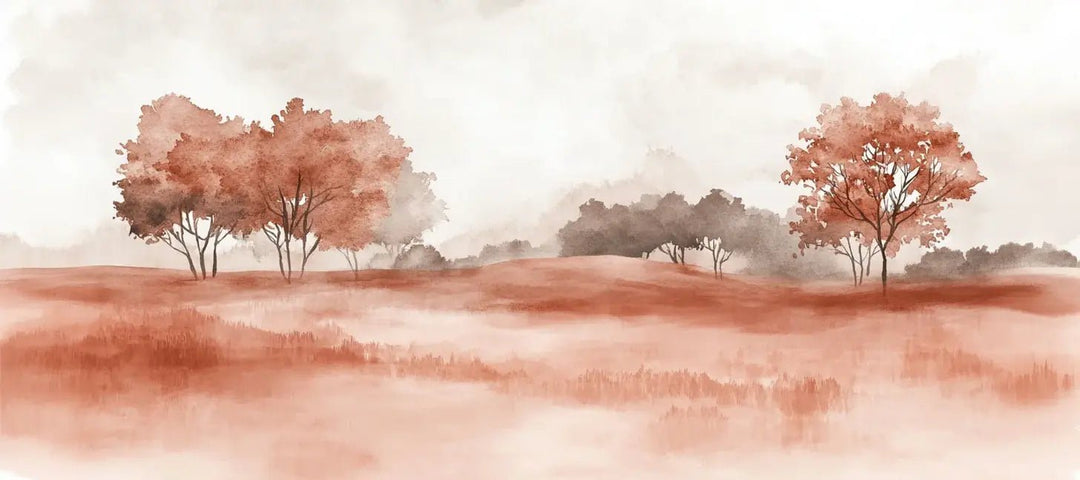 Rêverie en Terracotta : Papier Peint Panoramique Champêtre en Aquarelle - Illulart: Papier peint panoramique