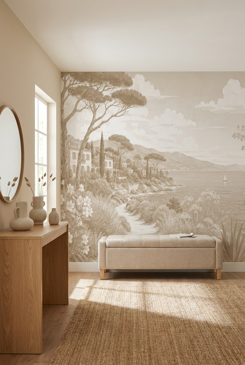 Papier peint panoramique sépia représentant un paysage de Riviera méditerranéenne avec villas, pins parasols et mer calme