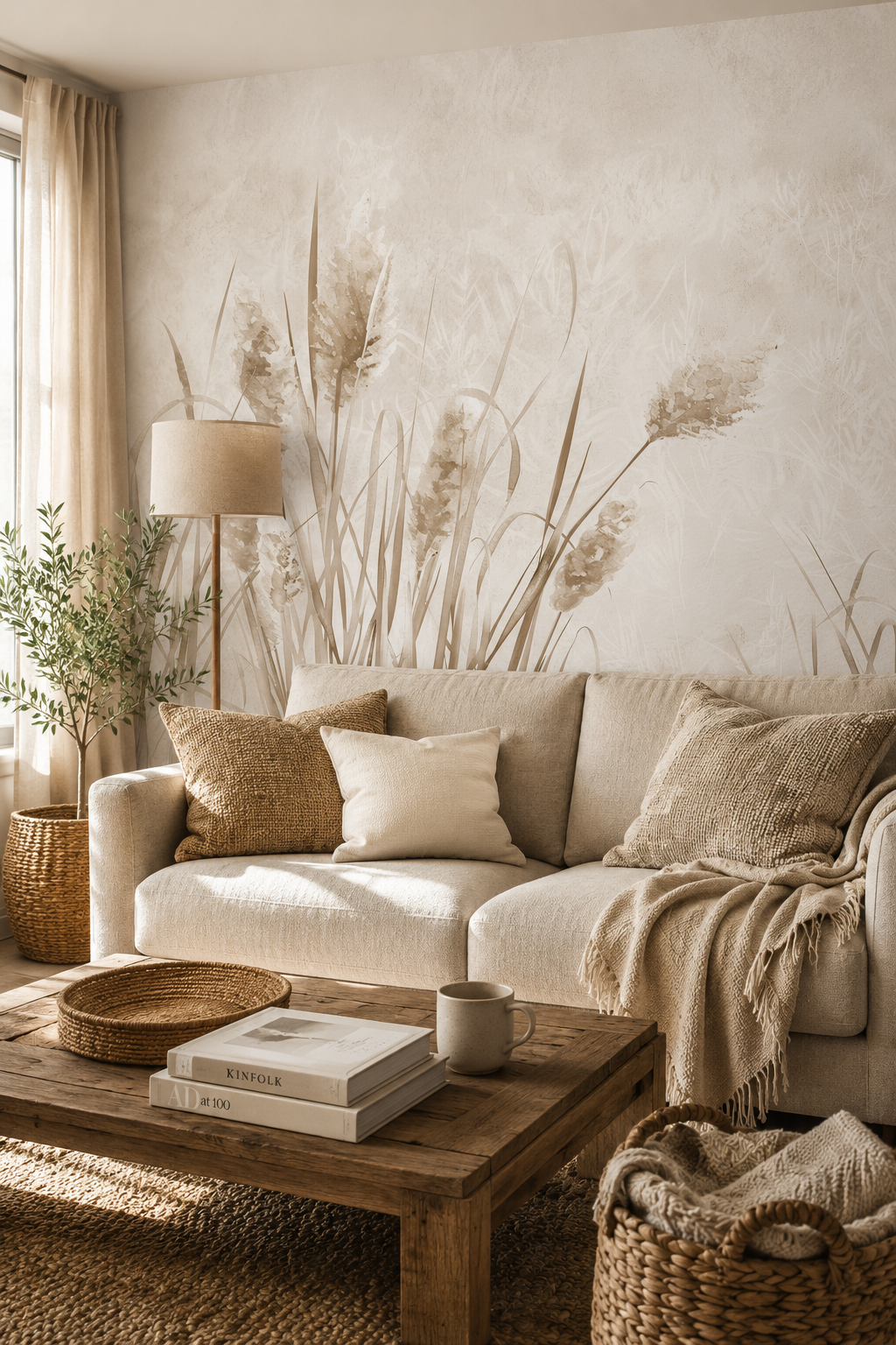 Papier peint panoramique beige avec roseaux stylisés sur fond clair, décor végétal doux et élégant