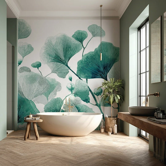 Rythme Botanique – Papier Peint Ginkgo Vert et Blanc Élégant - Illulart: Papier peint panoramique