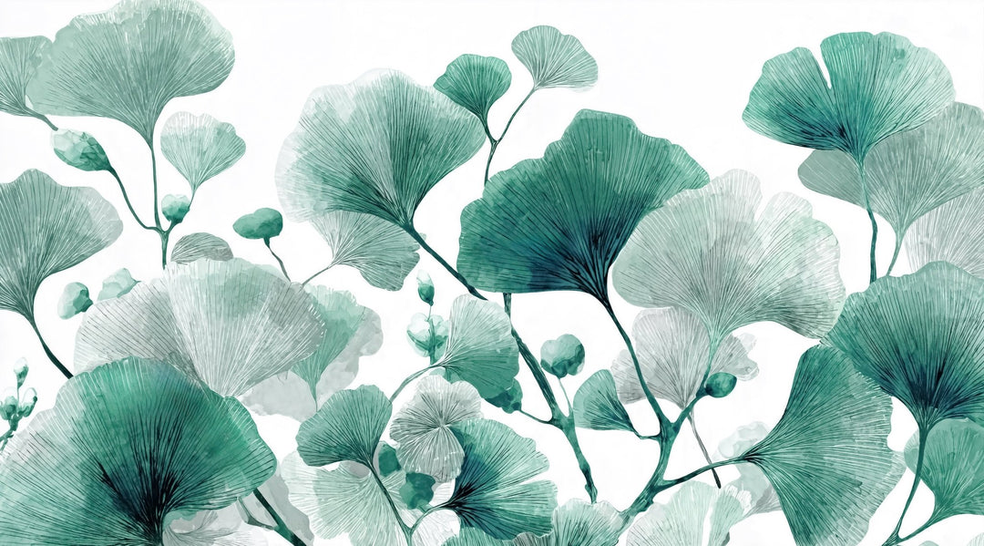 Rythme Botanique – Papier Peint Ginkgo Vert et Blanc Élégant - Illulart: Papier peint panoramique