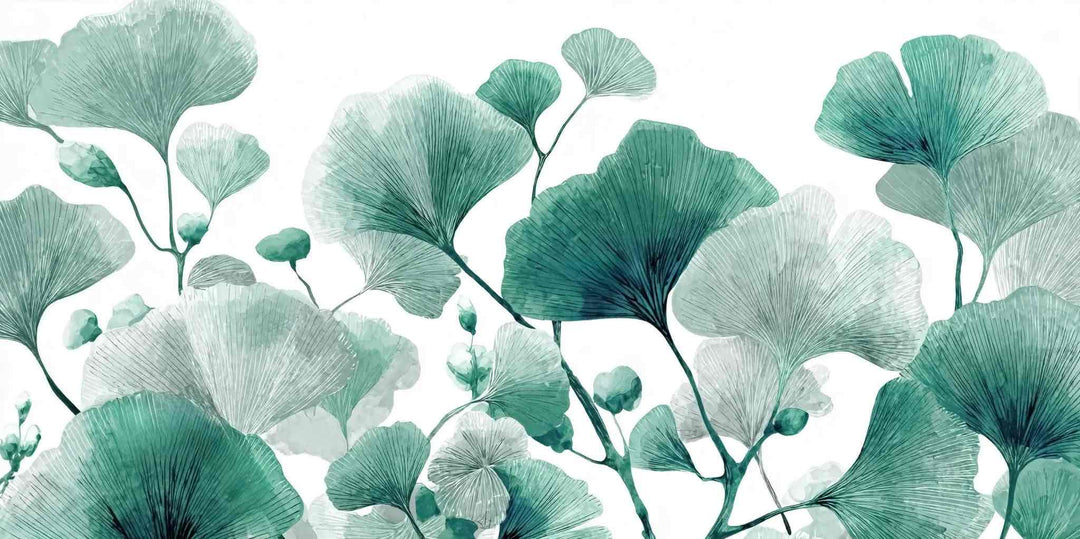Rythme Botanique – Papier Peint Ginkgo Vert et Blanc Élégant - Illulart: Papier peint panoramique