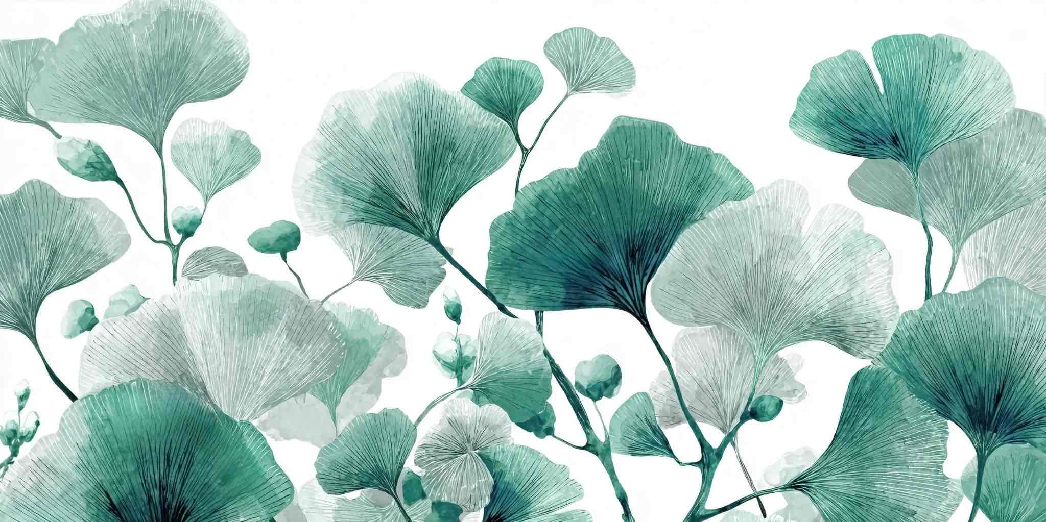 Rythme Botanique – Papier Peint Ginkgo Vert et Blanc Élégant - Illulart: Papier peint panoramique