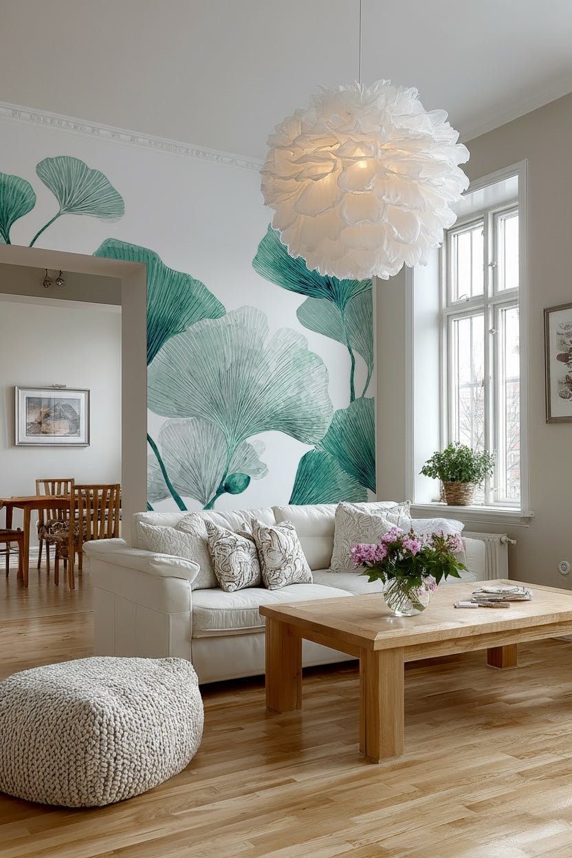 Rythme Botanique – Papier Peint Ginkgo Vert et Blanc Élégant - Illulart: Papier peint panoramique