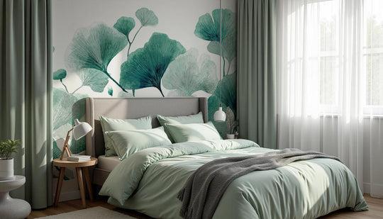 Rythme Botanique – Papier Peint Ginkgo Vert et Blanc Élégant - Illulart: Papier peint panoramique