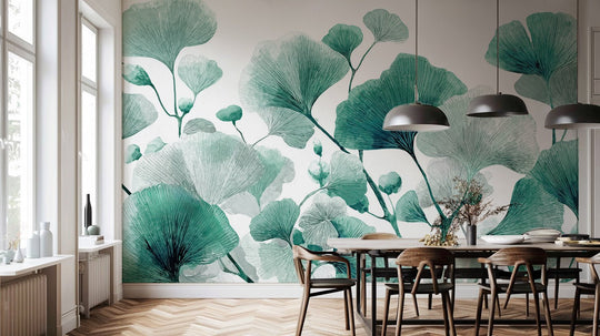Rythme Botanique – Papier Peint Ginkgo Vert et Blanc Élégant - Illulart: Papier peint panoramique