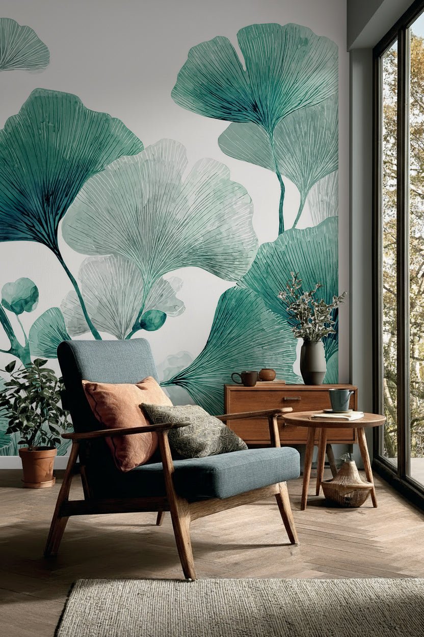 Rythme Botanique – Papier Peint Ginkgo Vert et Blanc Élégant - Illulart: Papier peint panoramique