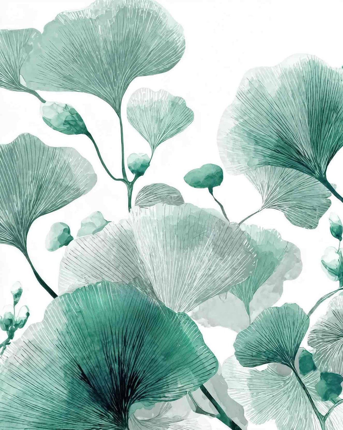 Rythme Botanique – Papier Peint Ginkgo Vert et Blanc Élégant - Illulart: Papier peint panoramique