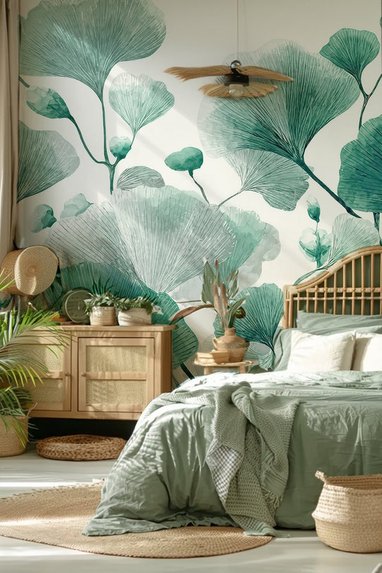 Rythme Botanique – Papier Peint Ginkgo Vert et Blanc Élégant - Illulart: Papier peint panoramique