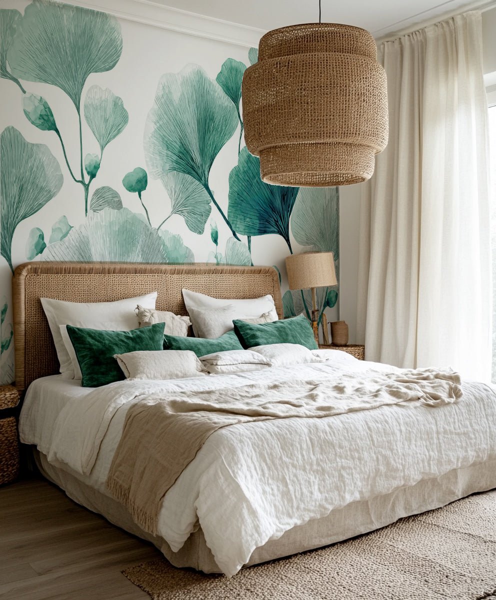 Rythme Botanique – Papier Peint Ginkgo Vert et Blanc Élégant - Illulart: Papier peint panoramique