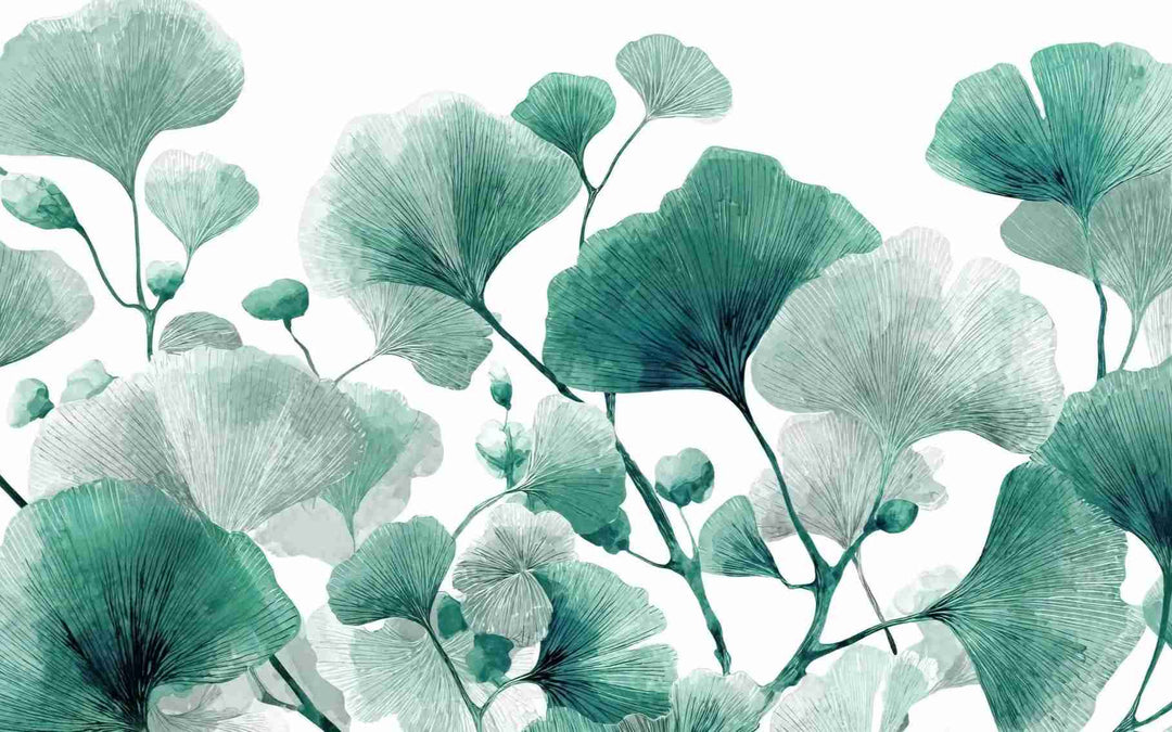 Rythme Botanique – Papier Peint Ginkgo Vert et Blanc Élégant - Illulart: Papier peint panoramique