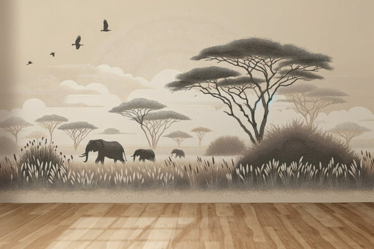 Safari Africain – Éléphants et Acacias - Illulart: Papier peint panoramique