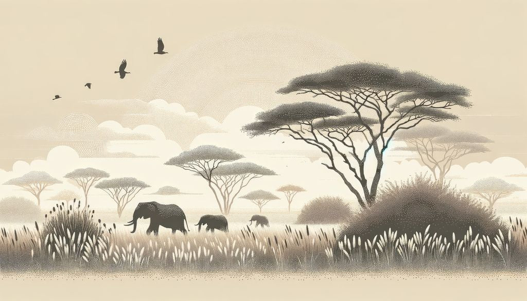 Safari Africain – Éléphants et Acacias - Illulart: Papier peint panoramique