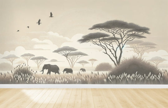 Safari Africain – Éléphants et Acacias - Illulart: Papier peint panoramique