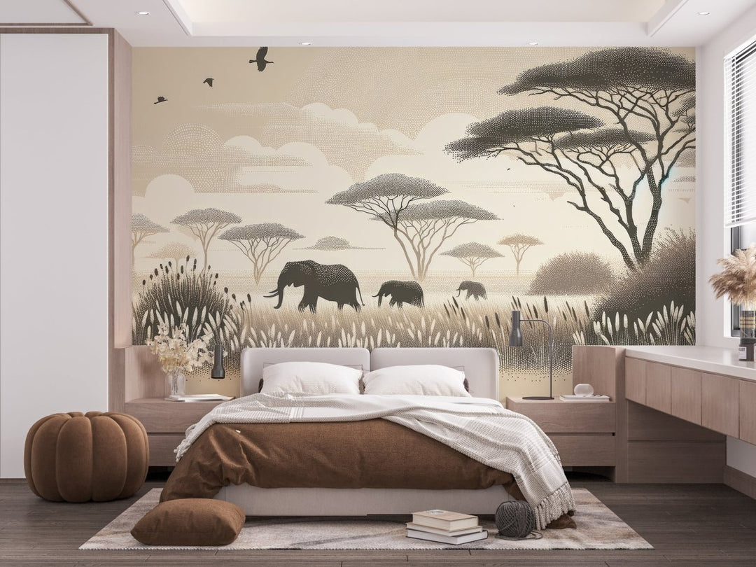 Safari Africain – Éléphants et Acacias - Illulart: Papier peint panoramique