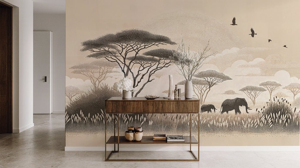 Safari Africain – Papier peint éléphant et acacias - Illulart: Papier peint panoramique