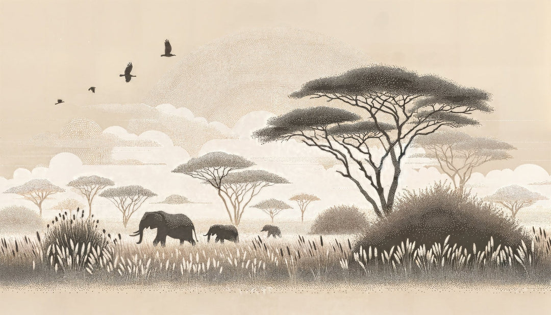 Safari Africain – Papier peint éléphant et acacias - Illulart: Papier peint panoramique