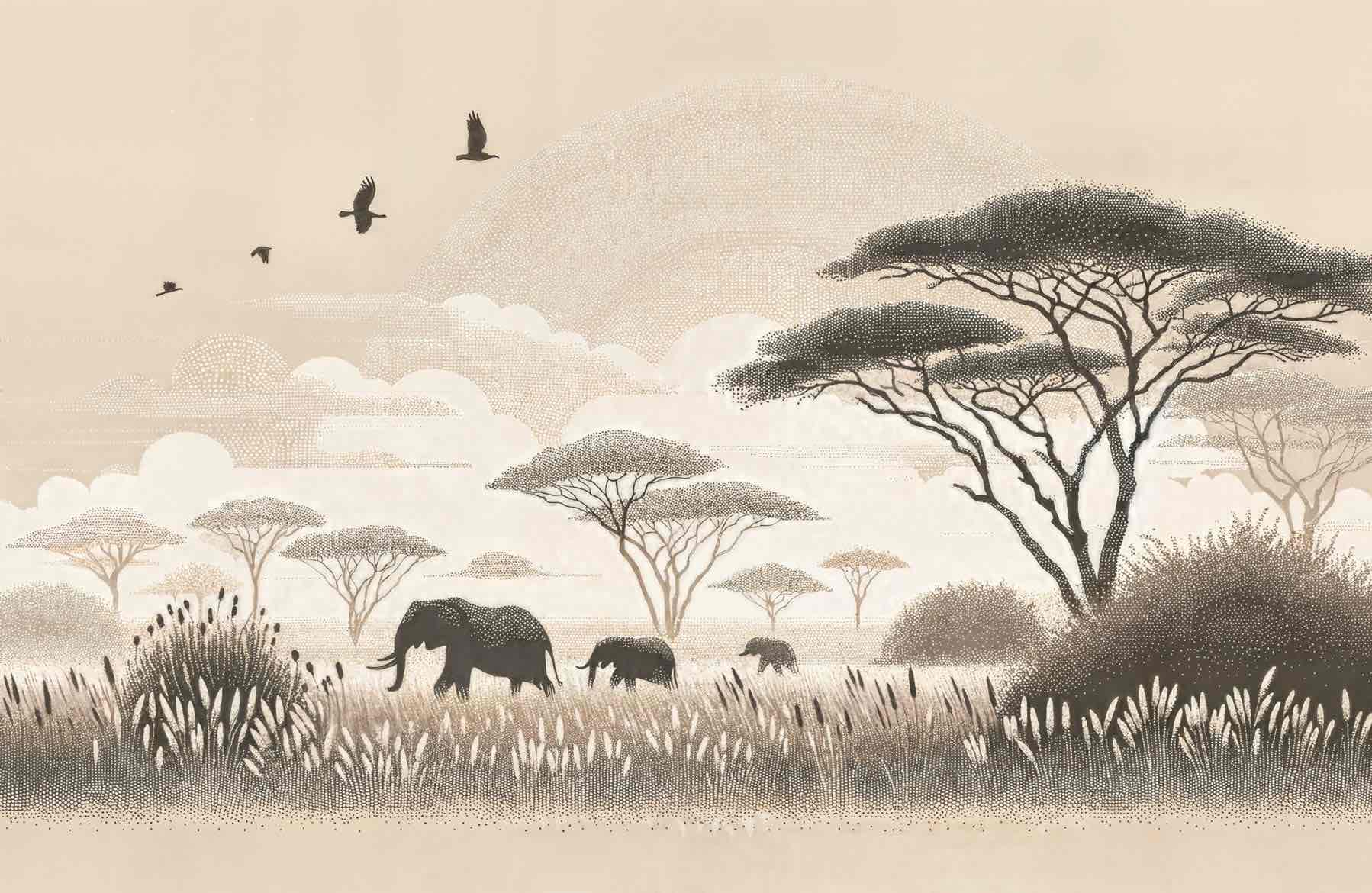 Safari Africain – Papier peint éléphant et acacias - Illulart: Papier peint panoramique