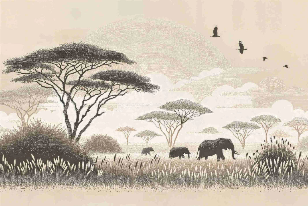 Safari Africain – Papier peint éléphant et acacias - Illulart: Papier peint panoramique