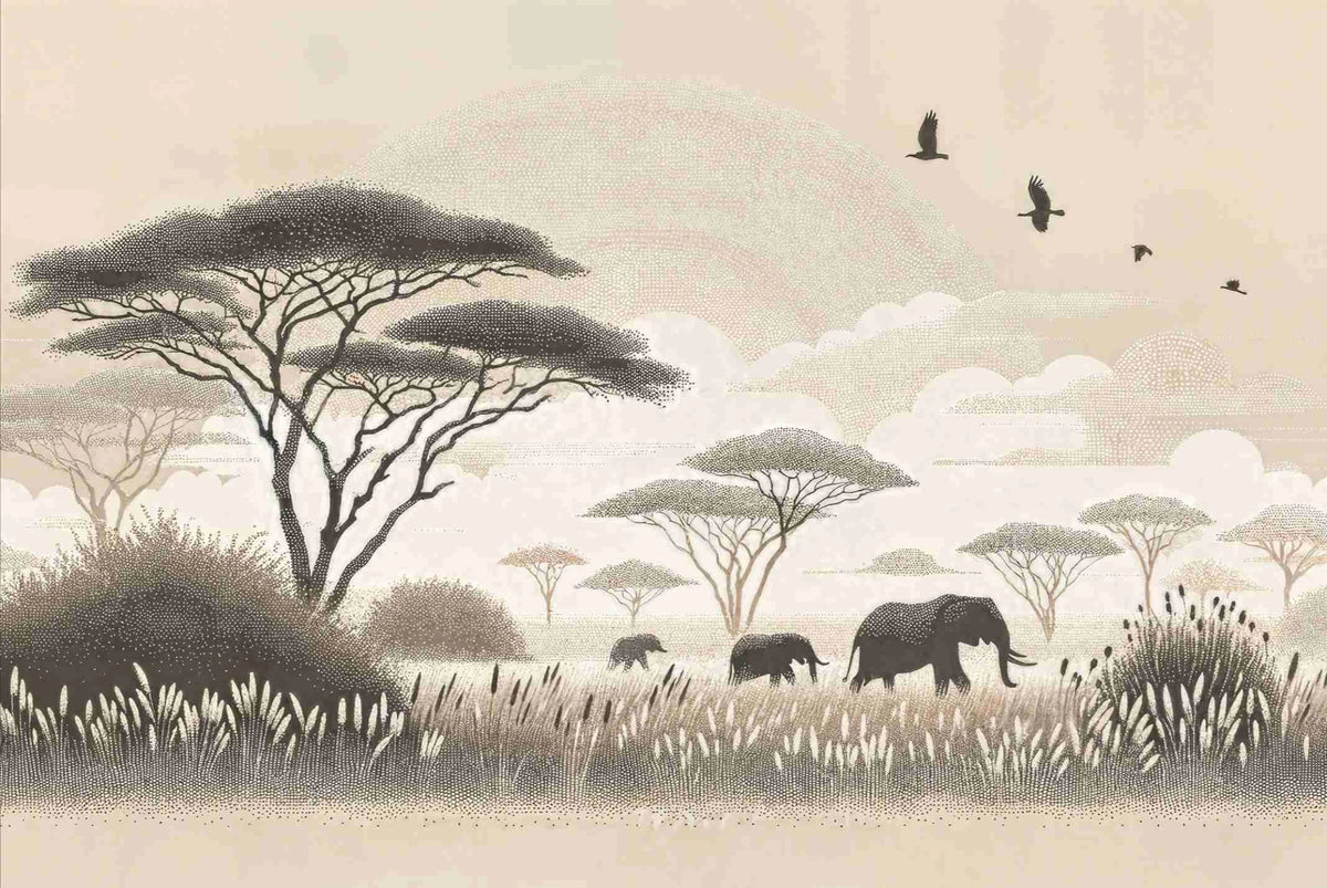 Safari Africain – Papier peint éléphant et acacias - Illulart: Papier peint panoramique