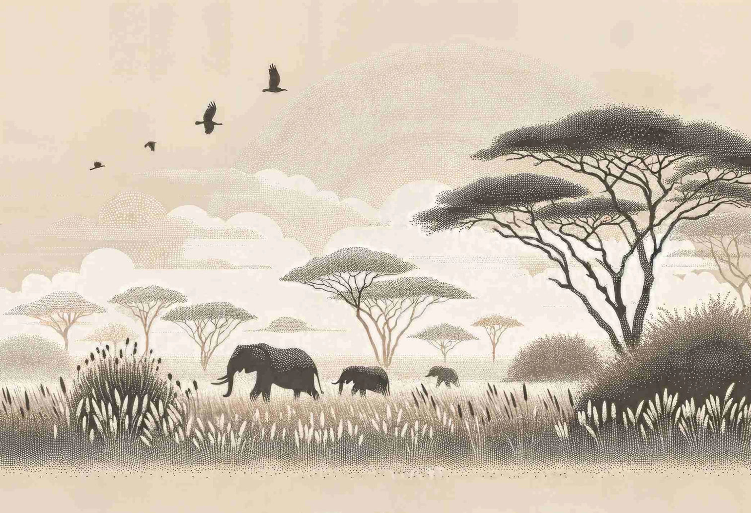 Safari Africain – Papier peint éléphant et acacias - Illulart: Papier peint panoramique