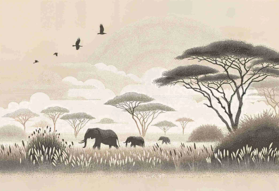 Safari Africain – Papier peint éléphant et acacias - Illulart: Papier peint panoramique