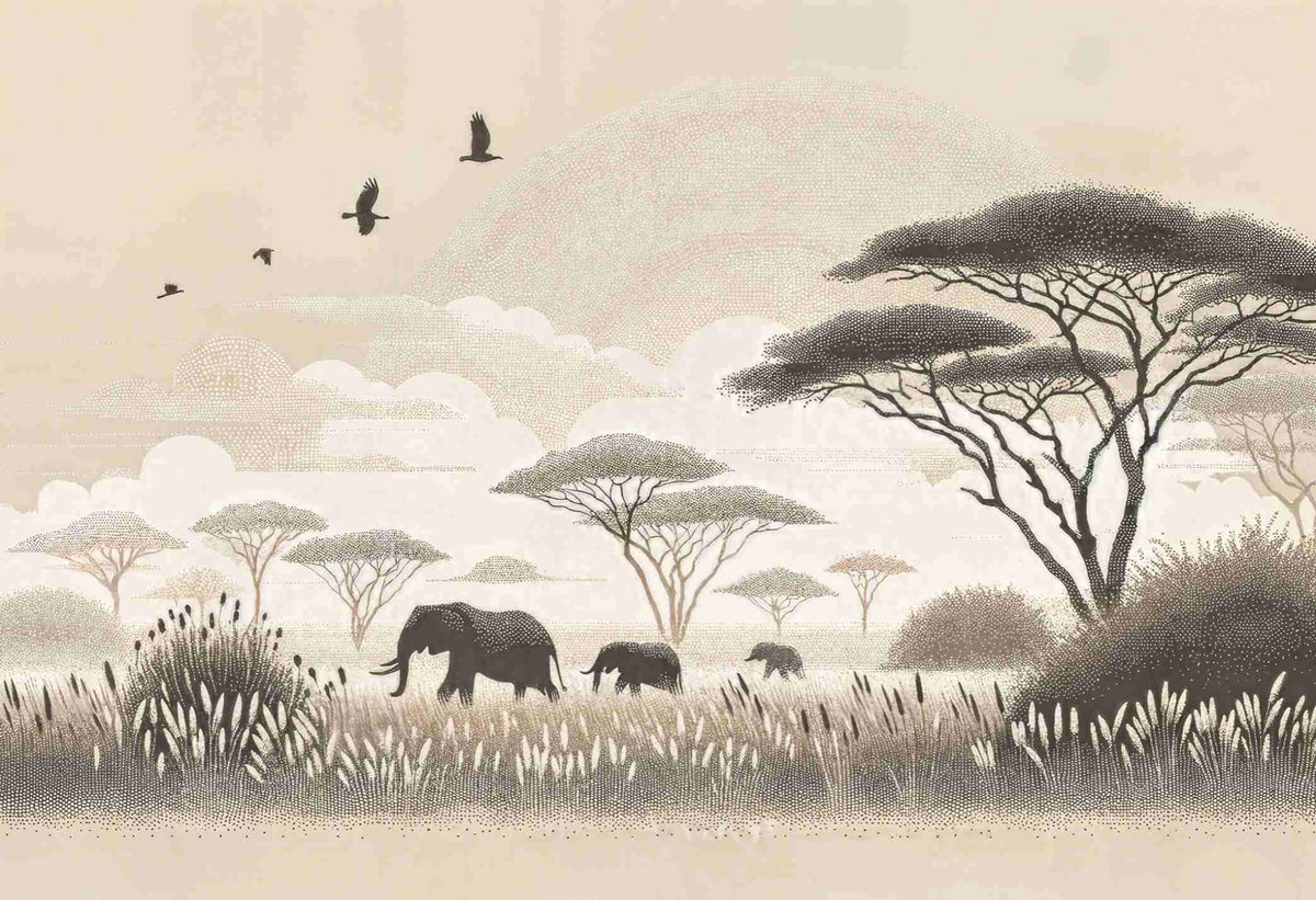 Safari Africain – Papier peint éléphant et acacias - Illulart: Papier peint panoramique