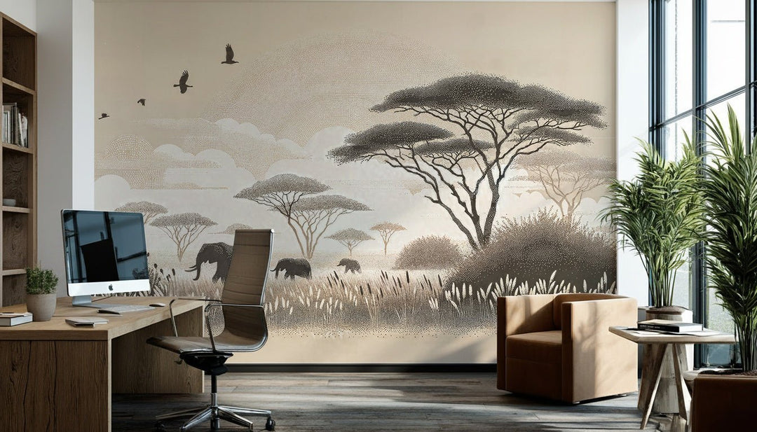 Safari Africain – Papier peint éléphant et acacias - Illulart: Papier peint panoramique
