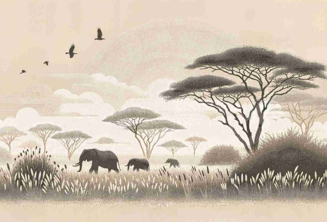 Safari Africain – Papier peint éléphant et acacias - Illulart: Papier peint panoramique