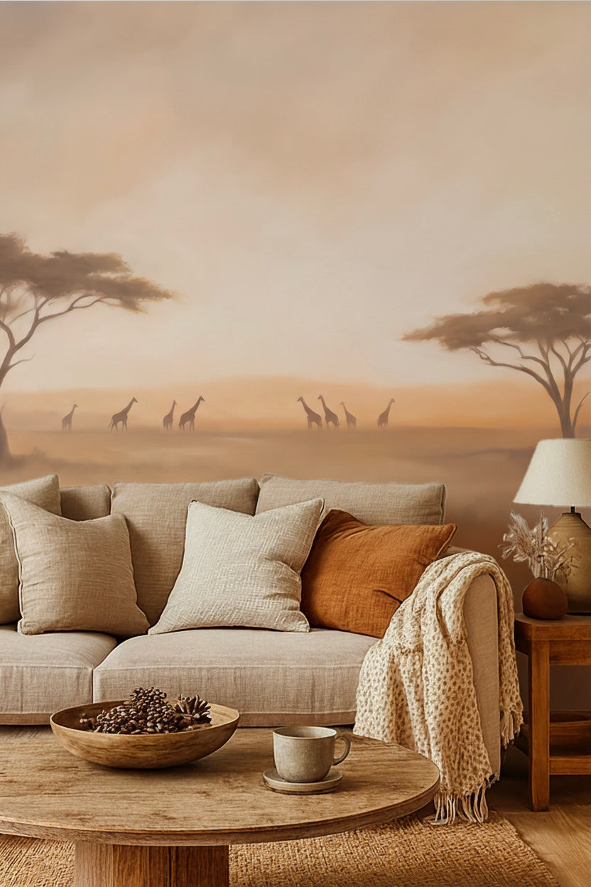 Salon avec canapé en lin, coussins rouille et table basse en bois devant un papier peint panoramique de savane africaine au crépuscule