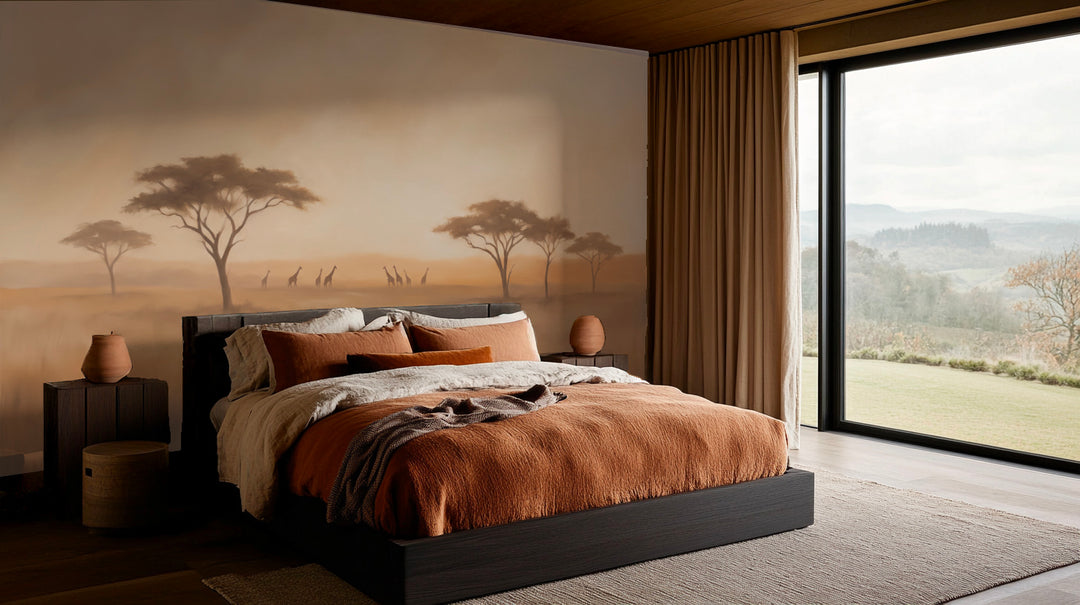 Chambre avec linge rouille et grande baie vitrée devant un papier peint panoramique de savane africaine