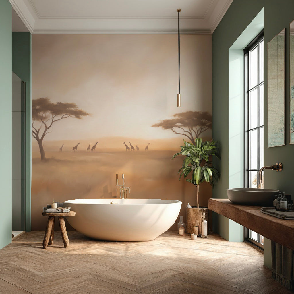 Salle de bain avec baignoire îlot et murs vert sauge devant un papier peint panoramique de savane
