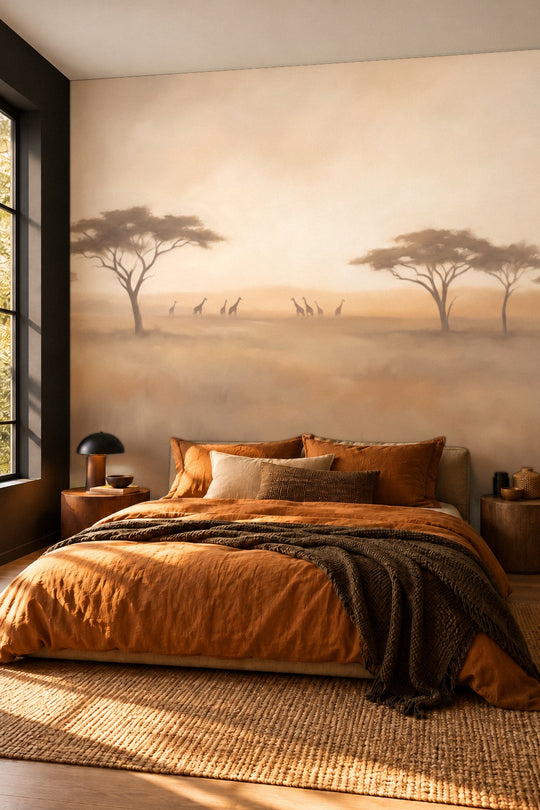 Chambre avec mur noir et linge rouille devant un papier peint panoramique de savane au soleil couchant