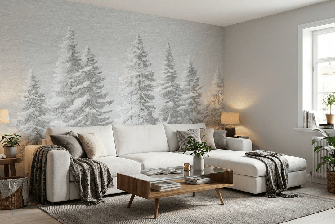 Silence Nordique – Papier peint panoramique forêt de sapins enneigés - Illulart: Papier peint panoramique