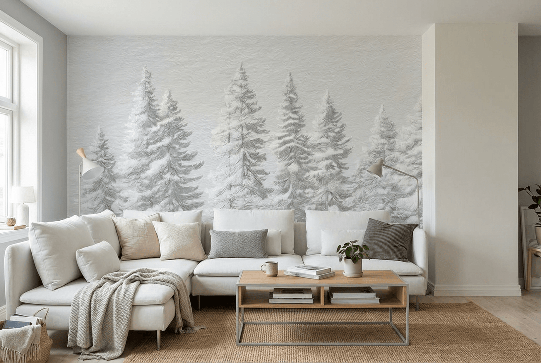 Silence Nordique – Papier peint panoramique forêt de sapins enneigés - Illulart: Papier peint panoramique