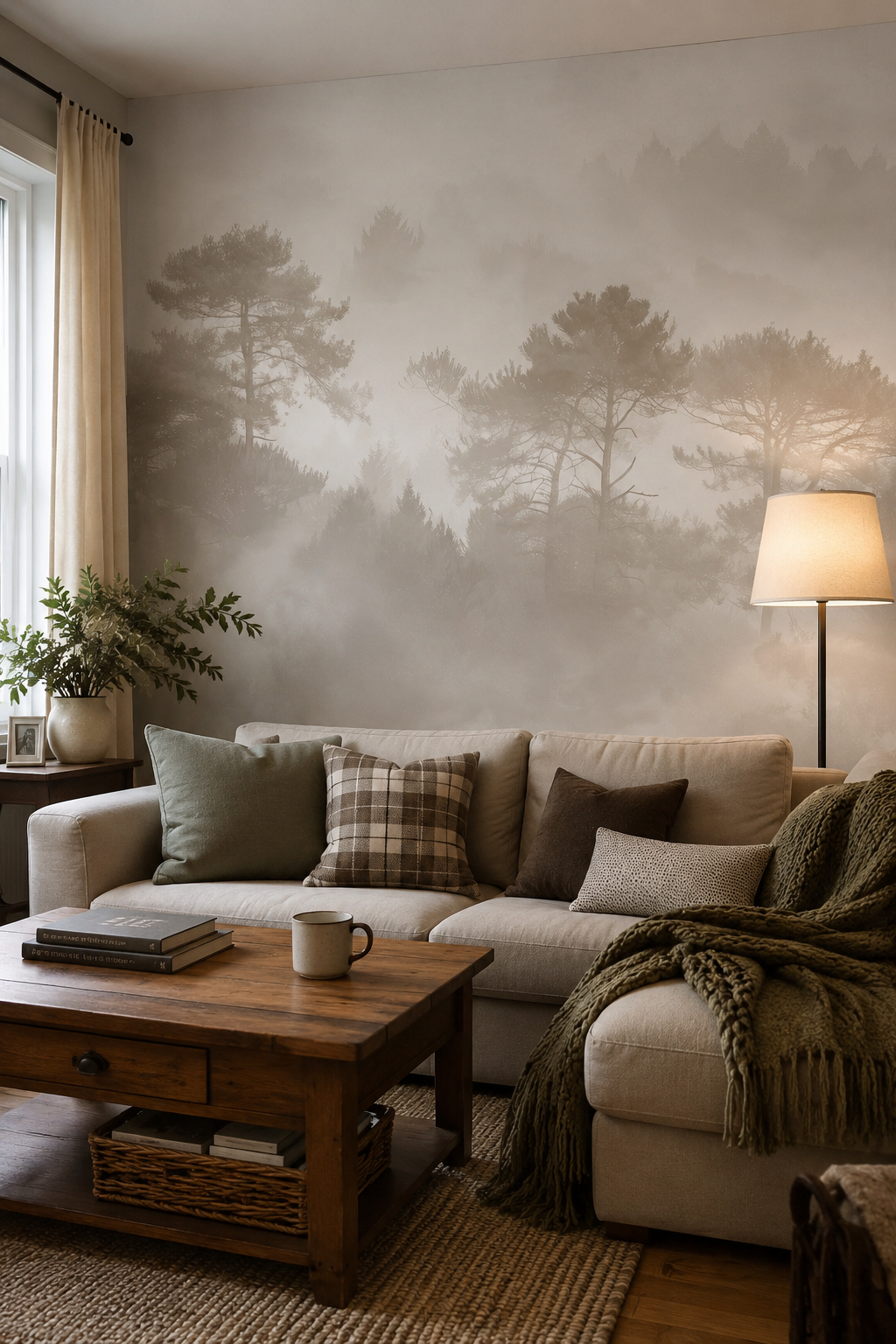 Papier peint panoramique forêt brumeuse beige avec silhouettes d’arbres