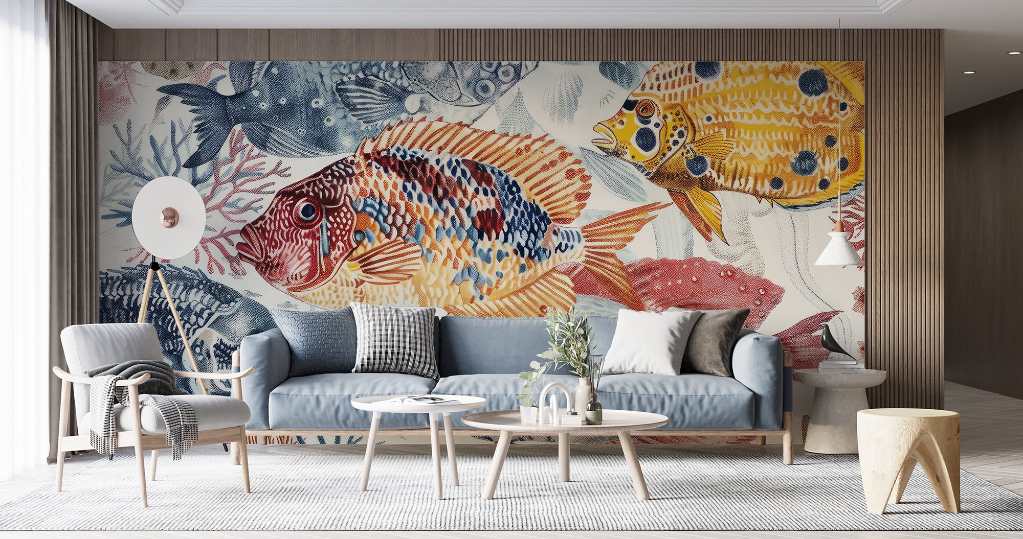papier peint poissons tropicaux coloré dans un salon