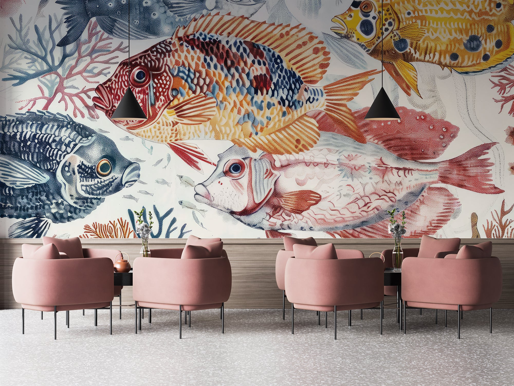 papier peint poissons tropicaux dans un restaurant