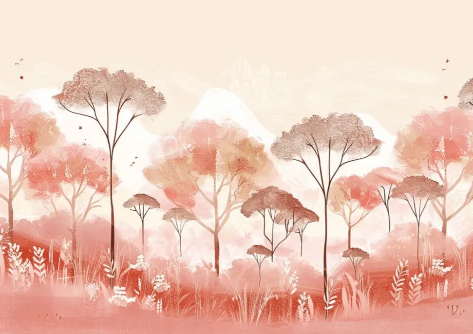 Tendre Nature - Papier Peint Arbres Stylisés en Tons Pastel - Illulart: Papier peint panoramique