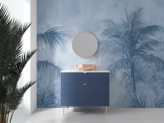 Terra palmera en bleu – Papier peint panoramique exotique bleu azur - Illulart: Papier peint panoramique