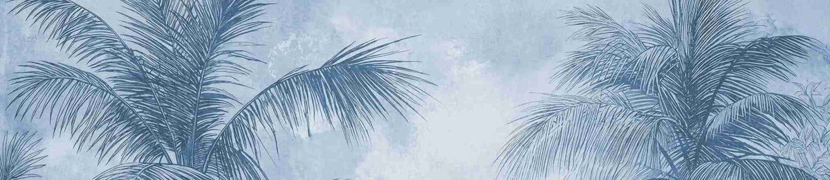Terra palmera en bleu – Papier peint panoramique exotique bleu azur - Illulart: Papier peint panoramique