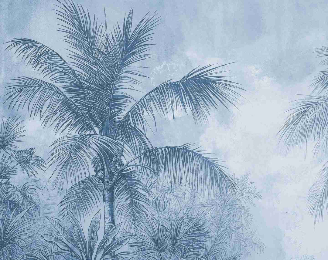 Terra palmera en bleu – Papier peint panoramique exotique bleu azur - Illulart: Papier peint panoramique