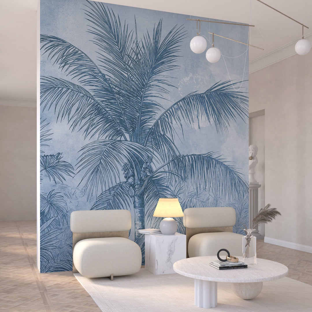 Terra palmera en bleu – Papier peint panoramique exotique bleu azur - Illulart: Papier peint panoramique