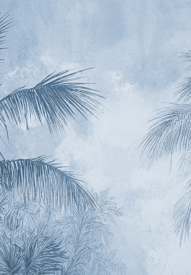 Terra palmera en bleu – Papier peint panoramique exotique bleu azur - Illulart: Papier peint panoramique
