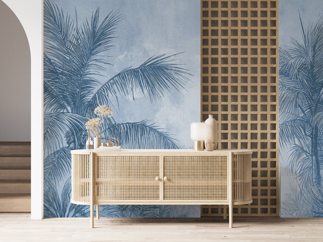 Terra palmera en bleu – Papier peint panoramique exotique bleu azur - Illulart: Papier peint panoramique