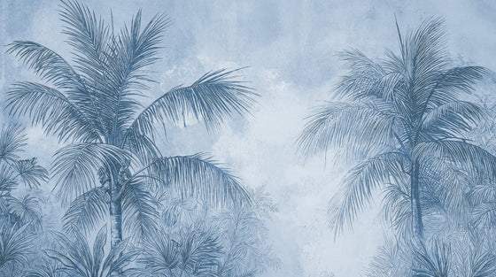 Terra palmera en bleu – Papier peint panoramique exotique bleu azur